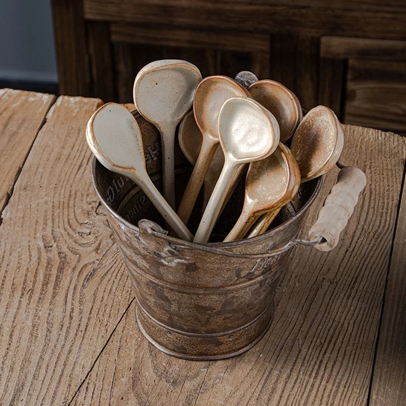 Japanese Coarse Pottery Spoon Household High Appearance Level Small Spoon Long Handle Coffee Cup Spoon Soup Spoon Porridge Spoon