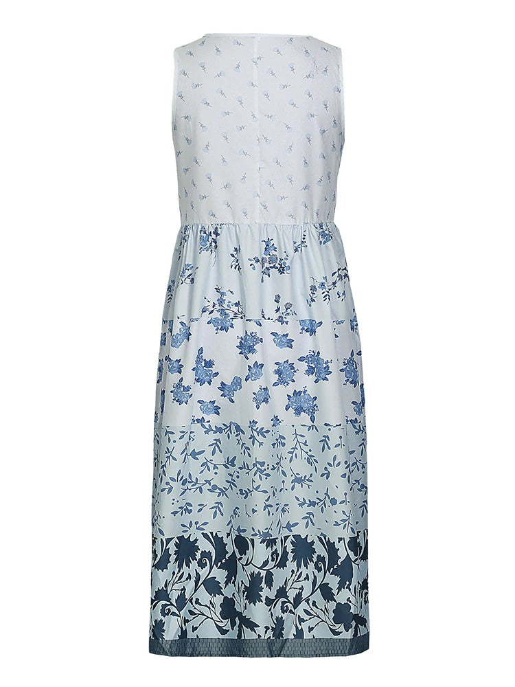 Plus Size Casual Women's Midi Dress 2025 Summer New Floral Printed Sleeveless Flat Neck A-Line Bohemian Beach Dresses