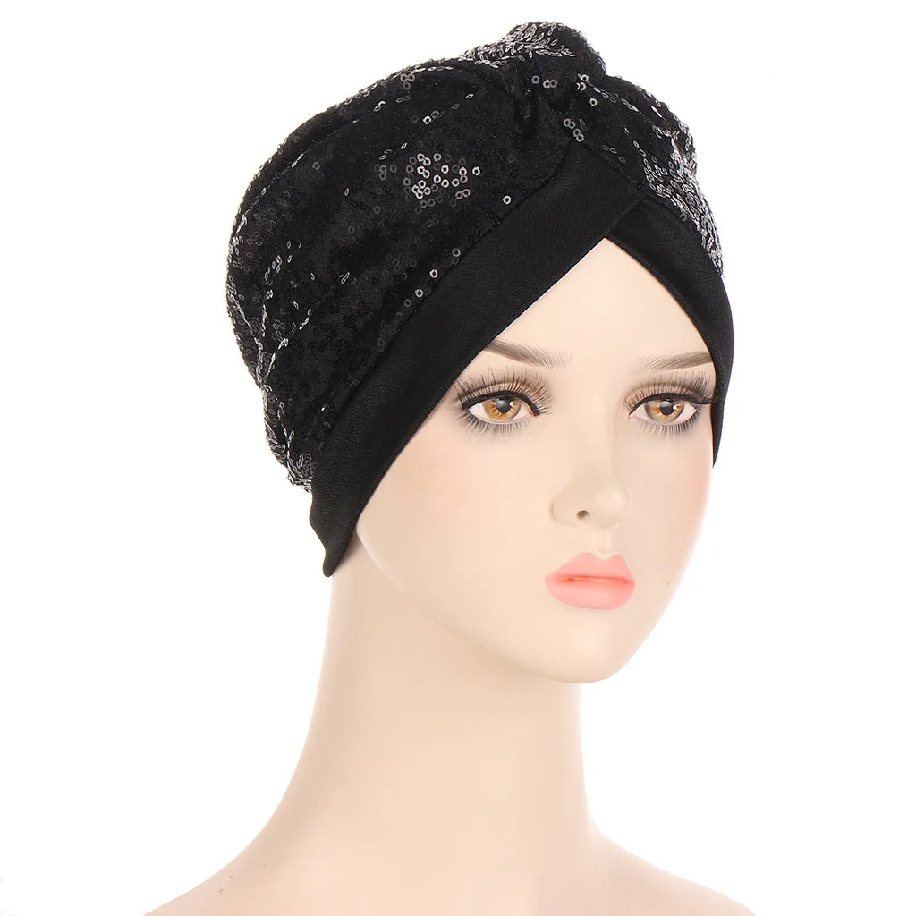 Muslim Headscarf Bonnet Glitter Sequins Hijab Turban Female Head Wraps India Hat Islam Headwear Accessories Chemo Caps beanies