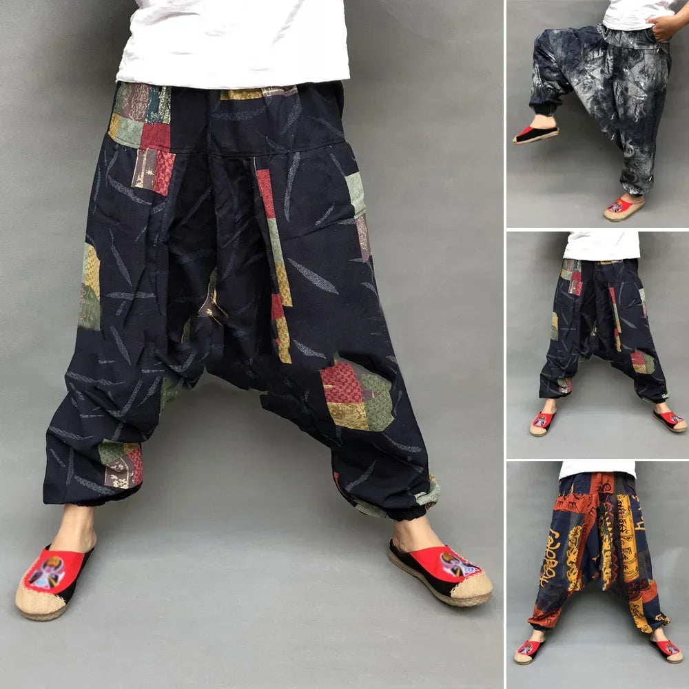 Vintage Men's Linen Loose Ethnic Printing Pants Trousers Retro Casual Harem Large Crotch Beach Pants Man Clothing