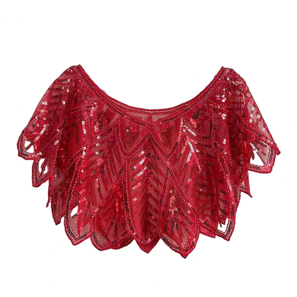 Women 1920s Evening Shawl Elegant Embroidered Beaded Capelet for Women Sparkling Sequin Party Shawl with Leaf Shape Gauze V Neck