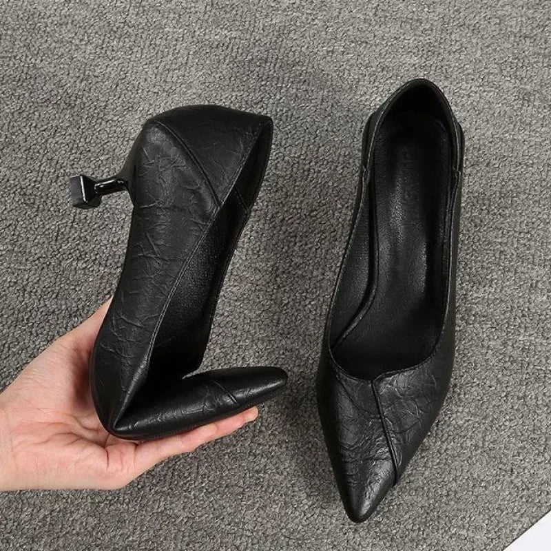 Women's Air Stewardess High Heels Thick Heel Versatile Sexy Single Shoes Professional Work Shoes Black Small Leather