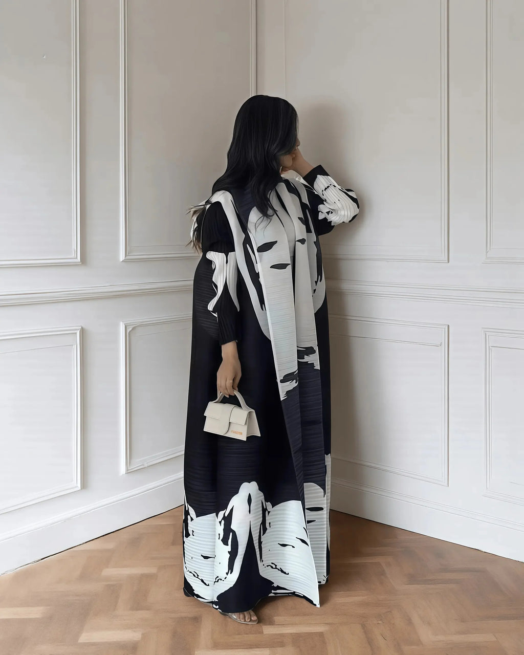 Women's Fold Miyake Pleated Abaya Long Sleeve Print Foldable Collar Robe Cardigan Coat New Winter Fashion Original Design 2024