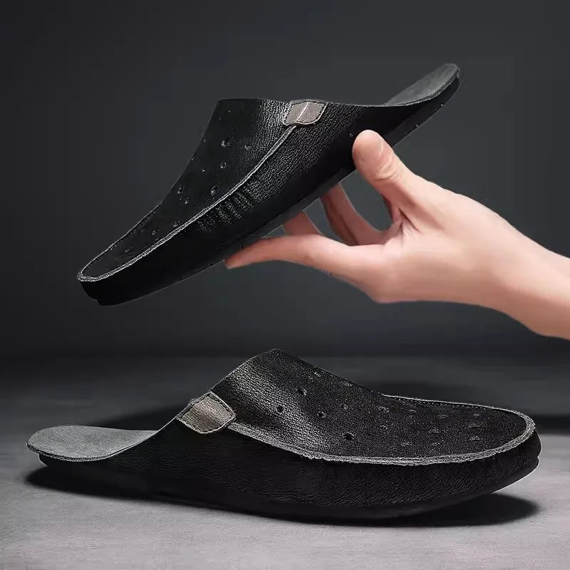 Genuine Leather Slippers For Men Slip on Flats Shoes Walking Shoes Men Half Slippers Comfortable  Household Casual Beach Sandals