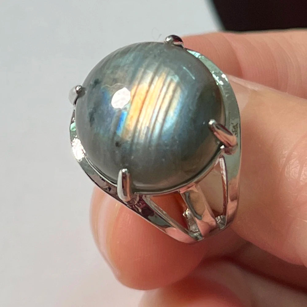 Ring Natural Stone Round Bead Blue Labradorite Adjustable Finger