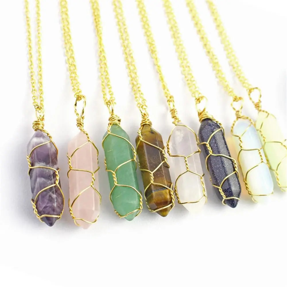 Jewelry Amethyst Tiger Eye Rose Quartz Natural Stone Hexagonal Cylindrical Crystal Necklace Wire Wrap Stone Pendant