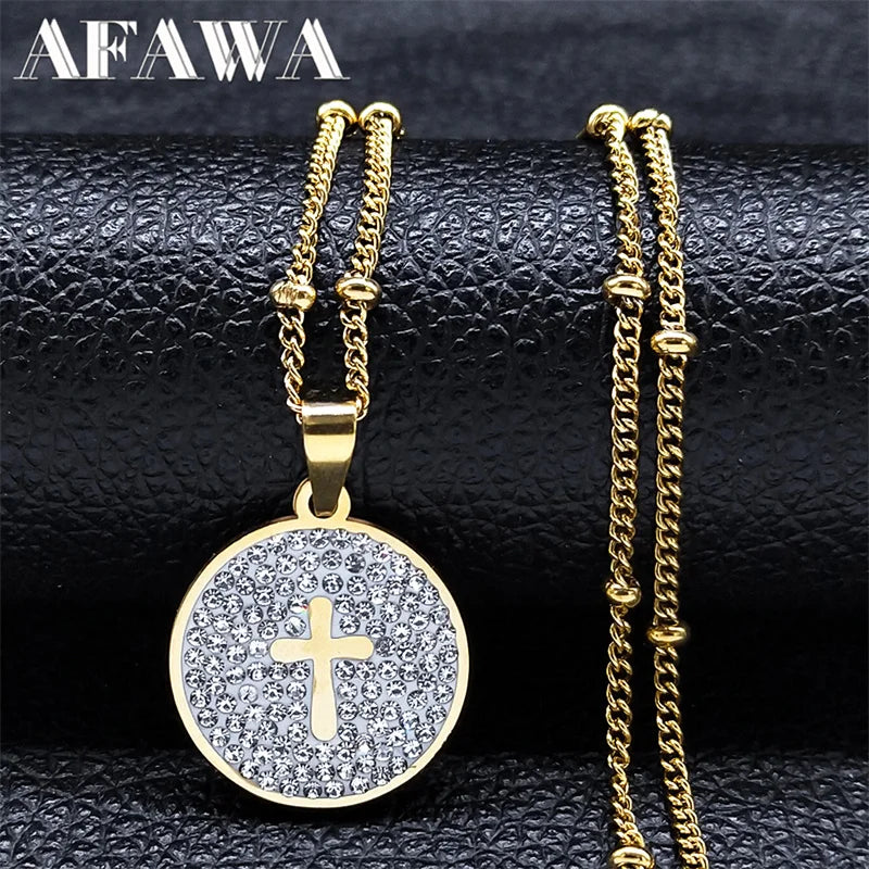 Simple Cross Pendant Necklace Stainless Steel Crystal Jesus Christ Necklaces Religious Jewelry corrente feminina N8249S02