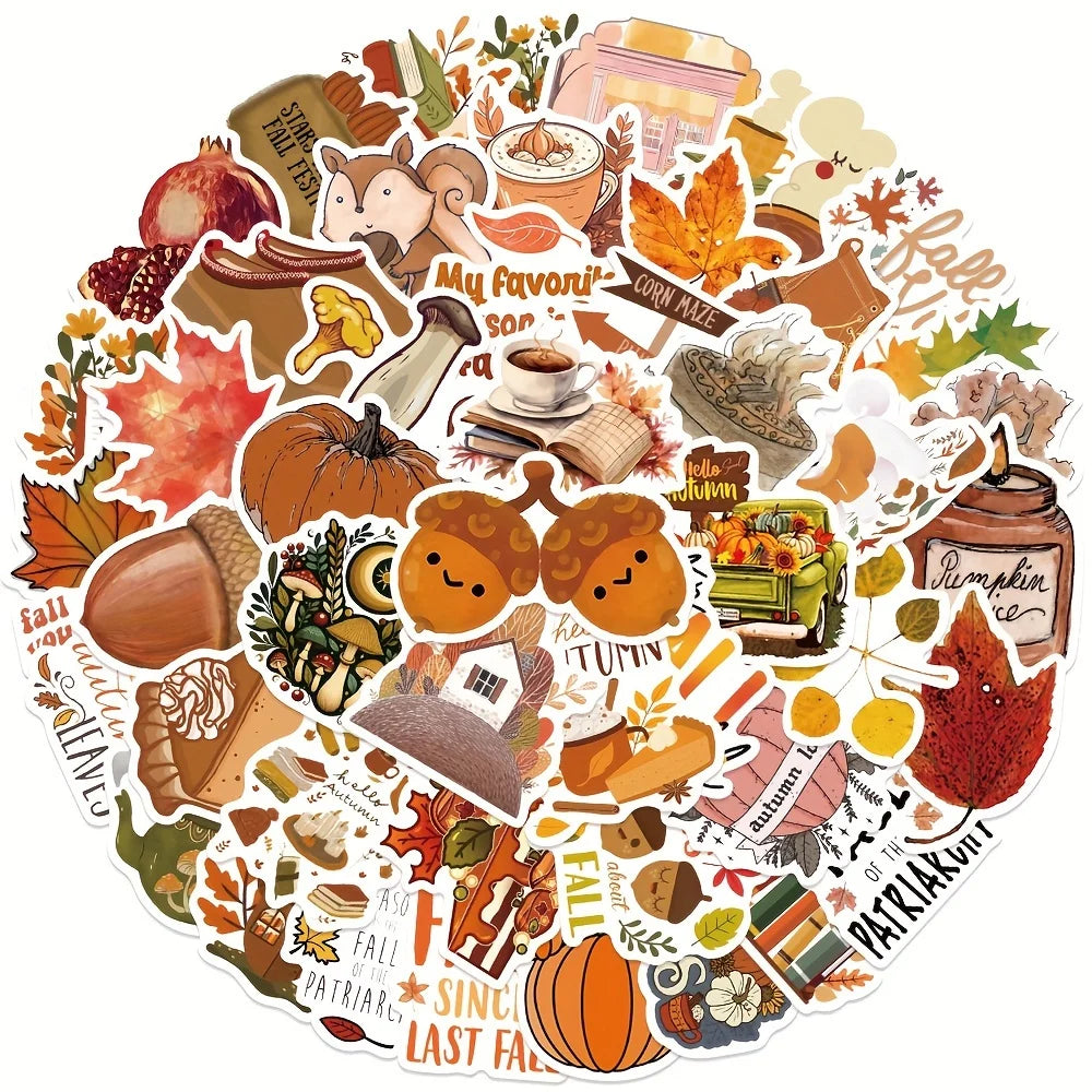 50PC Fall Series Stickers Thanksgiving Decor Maple Leaf Harvest Stickers Phone Case Laptop Bag Waterproof StickersCelebrate Gift