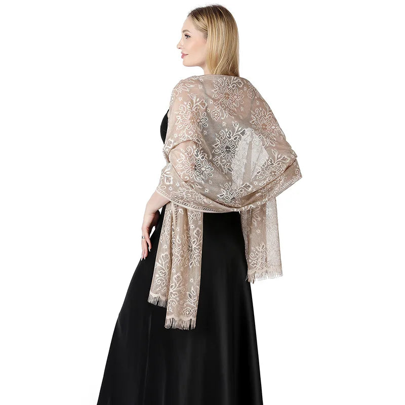 Pure Color Floral Mesh Lace Shawls for Women Evening Dresses Shawl Bridal Bridesmaid Wedding Boleros Lady Party Capes Wraps