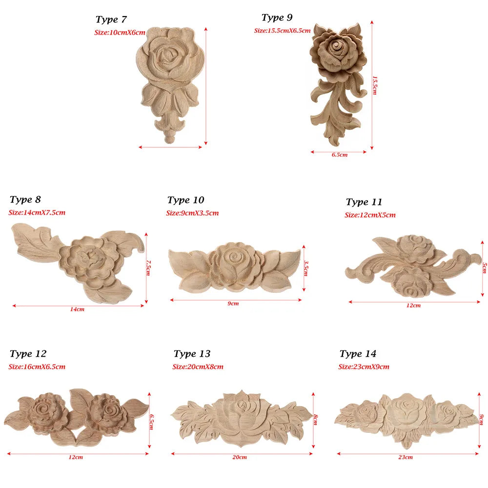 Floral Carved Corner Appliques Woodcarving Rose Natural Wooden Crafts Unpainted Door Adornment Furniture Ornament Home Decor