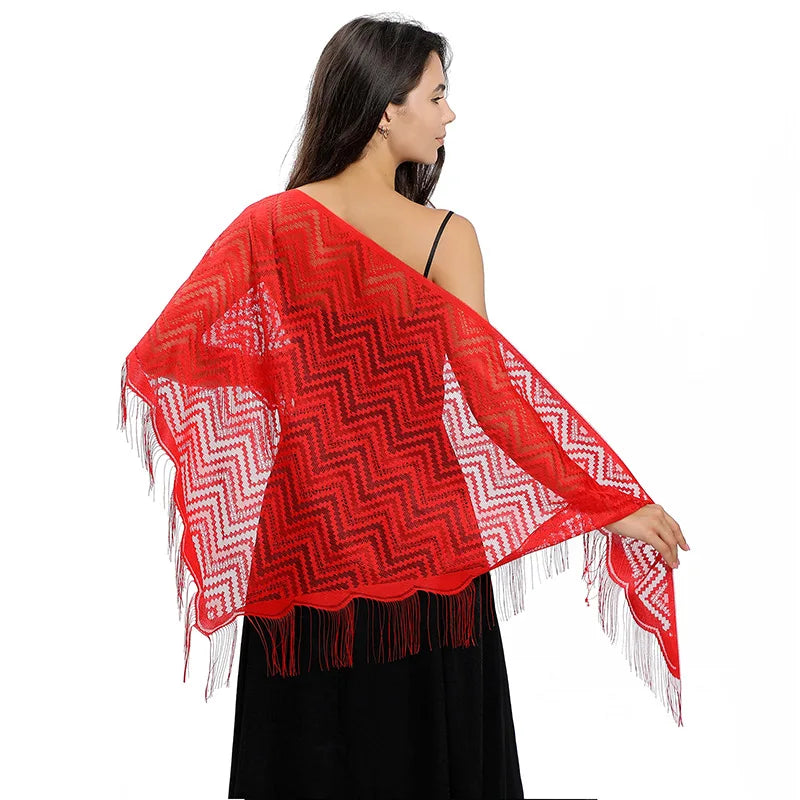 Elegant Lace Wavy Triangle Shawl Hollow Mesh Thin Breathable Tassel Scarf Party Evening Dress Versatile Shawl