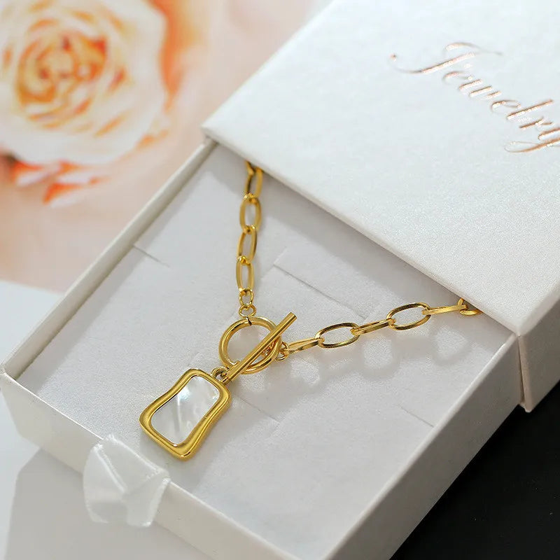 Square Natural Shell Pendant Necklace For Women Gold Color Stainless Steel O Chain Women Neck Choker Fashion Jewelry