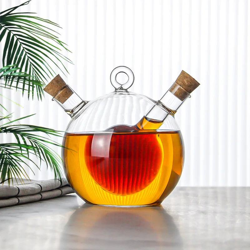 Double-layer Glass Oil Jug 2-in-1 Oil Vinegar Bottle Home Creative Double-mouth Cork Shaped Glass Oil Jug Kitchen Seasoning Tool