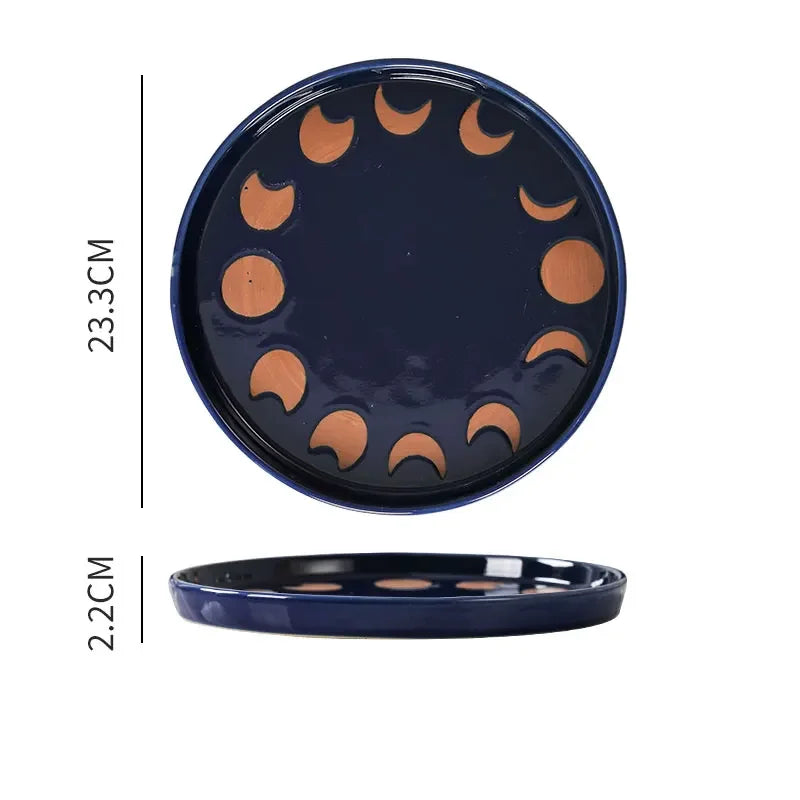 Japanese Vintage Hand Painted Dots Daisy Pottery Deep Plates Creative Moon Star Steak Flat Plate Handmade Salad Dinner Dishes