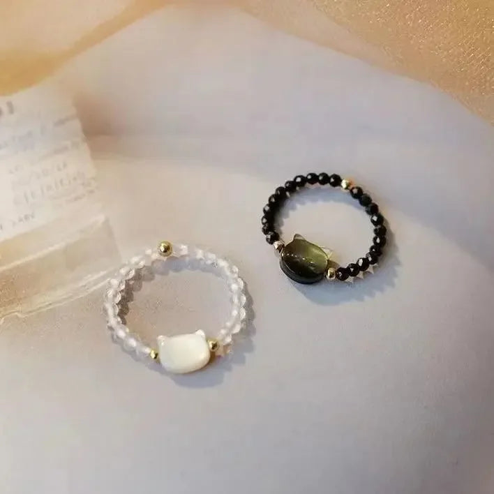 2pcs Natural Moonstone Obsidian Rings Beads Minimalist Fidget Ring Cute Black White Cat Ring Women Men Party Accessories Jewelry