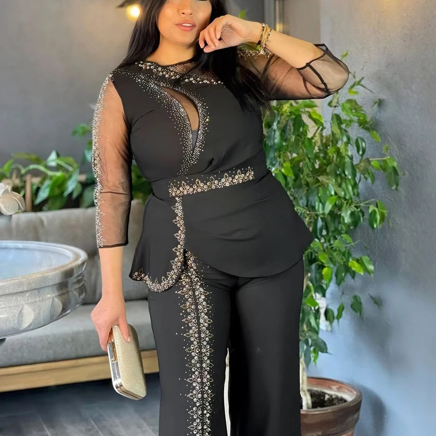 Women 2 Pieces Pants Sets African Ladies Blouse & Long Trousers Beaded Diamond Transparent Sleeve Fashion Business Work Outfits