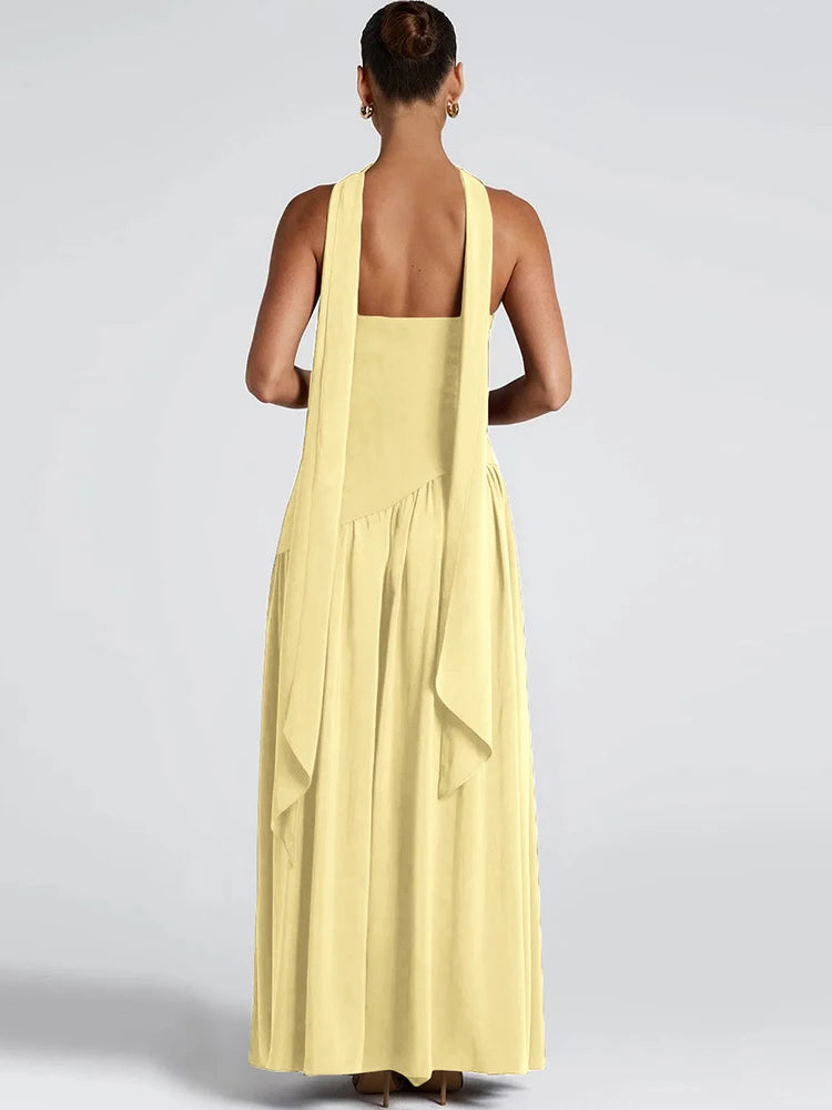 kliou Patchwork Draped Women Dress Classic Solid Wrapped Chest Draped Flare Long Robe Mujer Concise High Street Elegant Frock