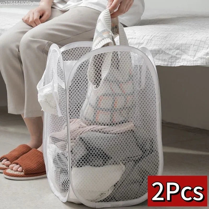 Portable Mesh Pop Up Laundry Hamper Wide Opening Breathable Collapsible Space-Saving Laundry Basket Dorm Travel Bathroom Items