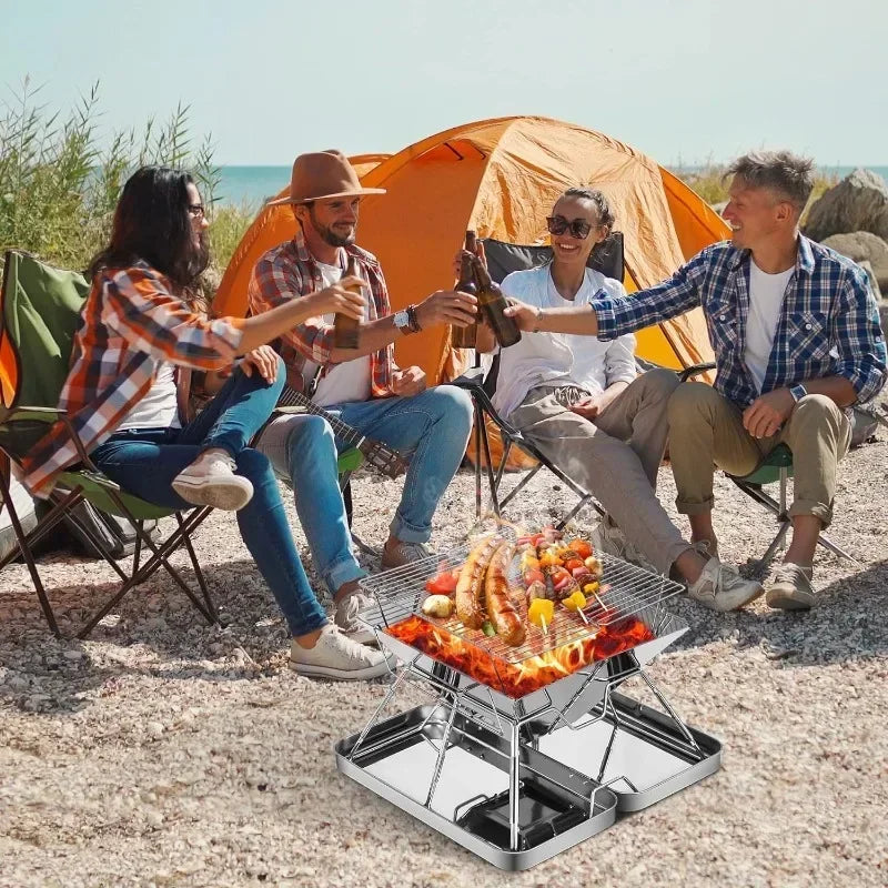 Camping Grill Charcoal Stove Folding Stainless Steel Fire Pit Grill Backpacking for Outdoor Cooking Hiking Camping Picnics Stove