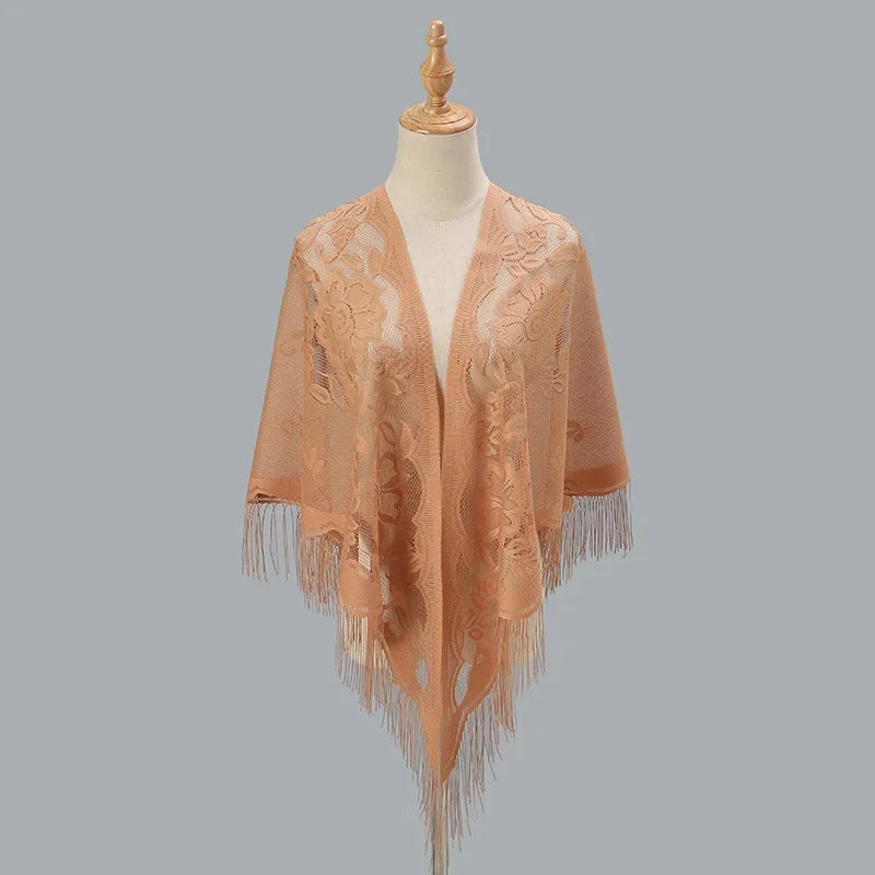 Fashion Women Triangle Wrap Fringed Shawls Head Scarf Tassel Embroidery Lace Scarves Flower Hijab Bandana Prayer Kerchief Church