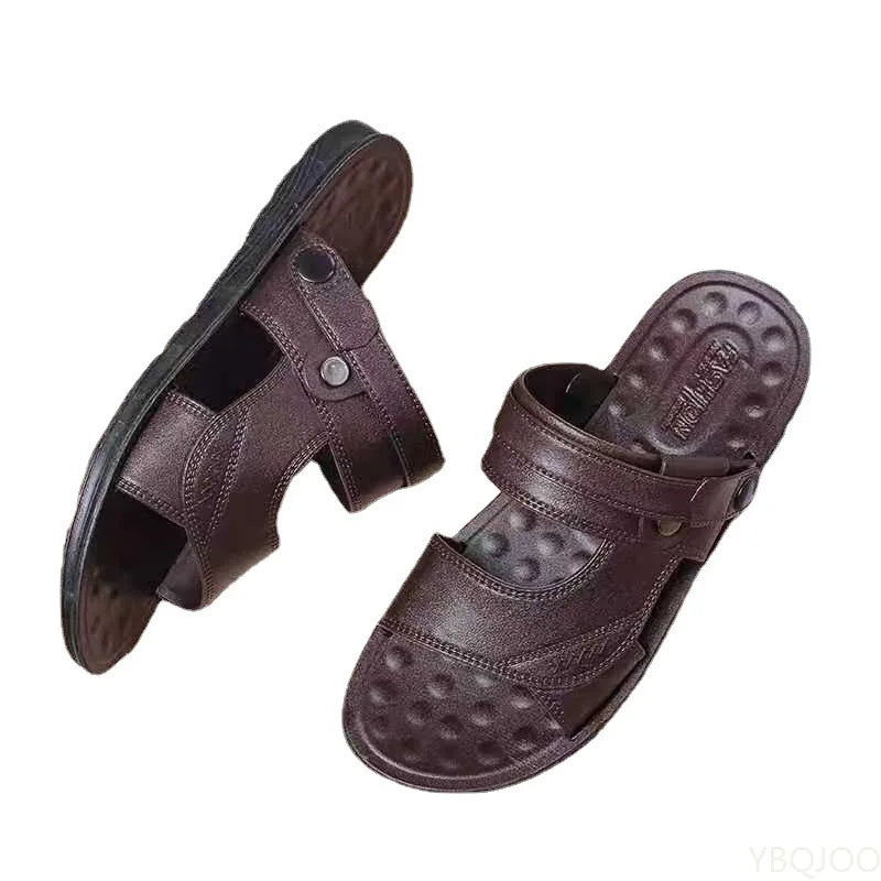 Men's Summer New Sandals and Slippers Men's Leather Sandals Adult Thick-soled Beach Shoes Non-slip Open-toe Leather Sandals
