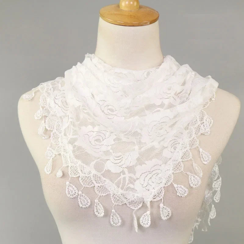 Fashion Women Triangle Wrap Fringed Shawls Head Scarf Tassel Embroidery Lace Scarves Flower Hijab Bandana Prayer Kerchief Church