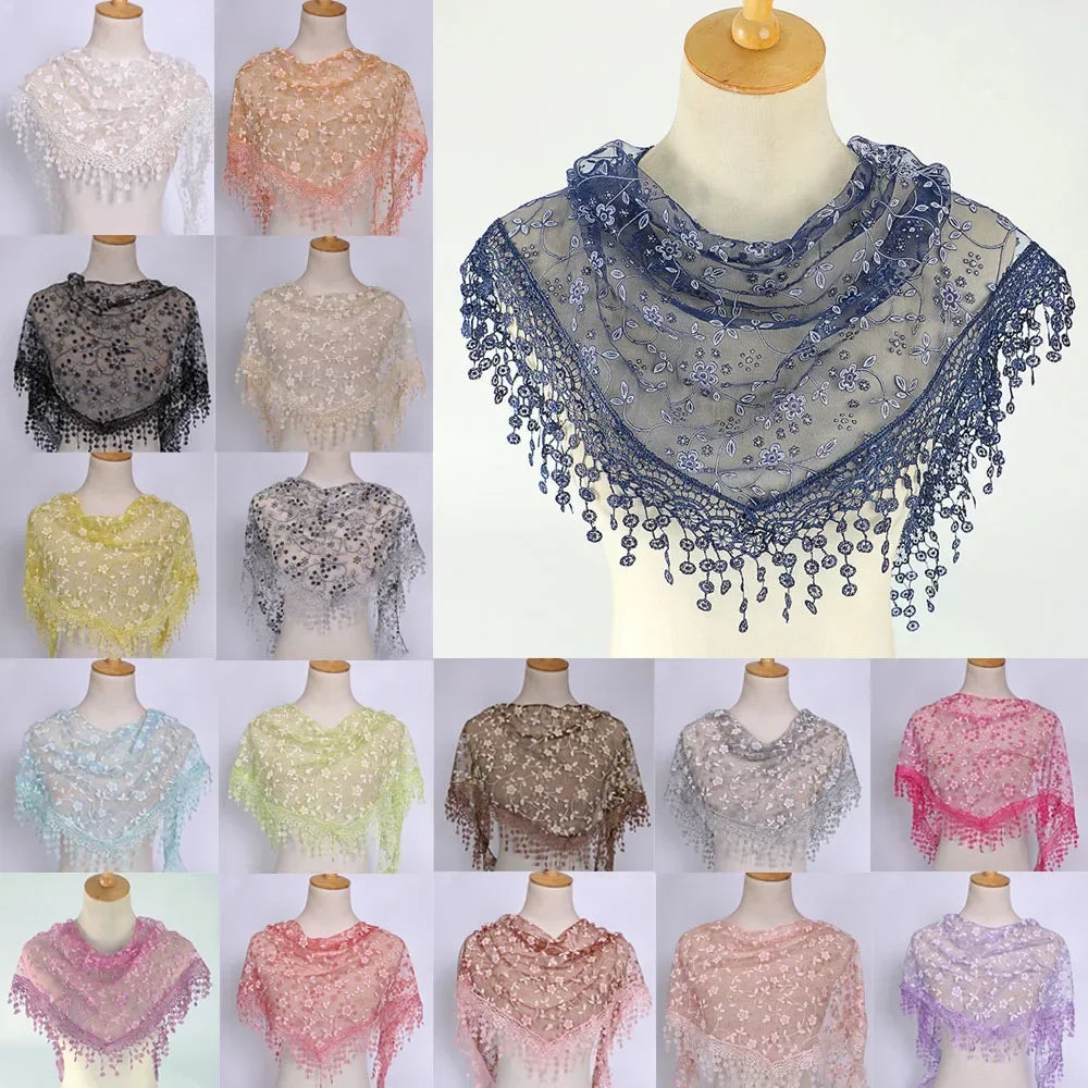 Fashion Women Triangle Wrap Fringed Shawls Head Scarf Tassel Embroidery Lace Scarves Flower Hijab Bandana Prayer Kerchief Church