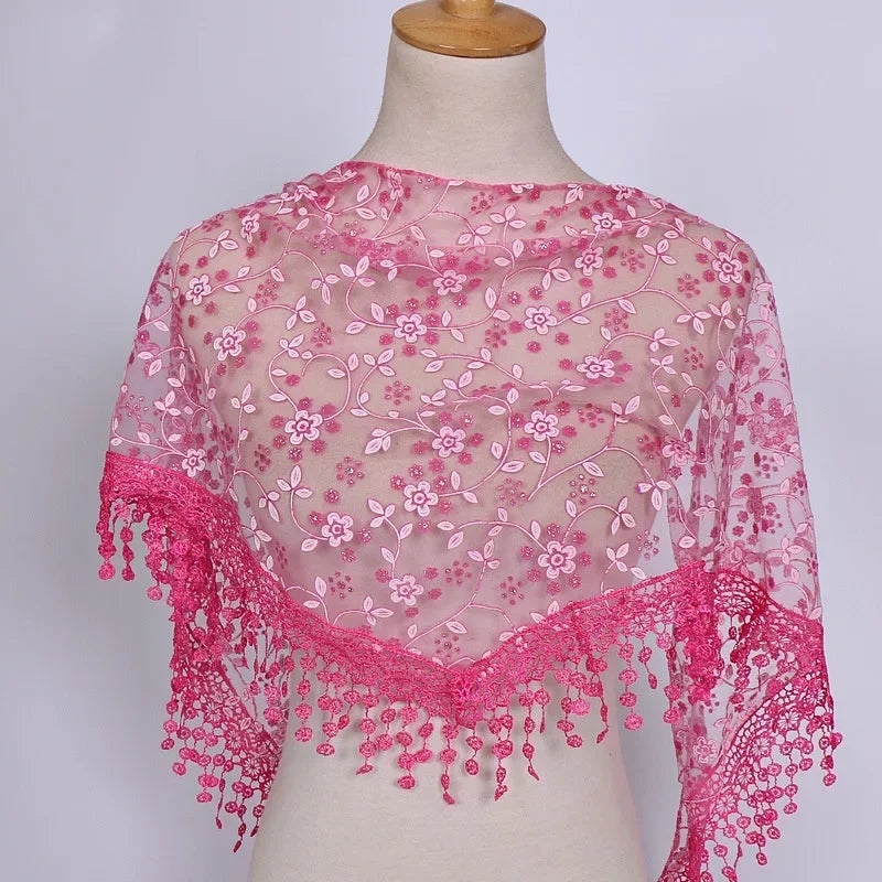 Fashion Women Triangle Wrap Fringed Shawls Head Scarf Tassel Embroidery Lace Scarves Flower Hijab Bandana Prayer Kerchief Church