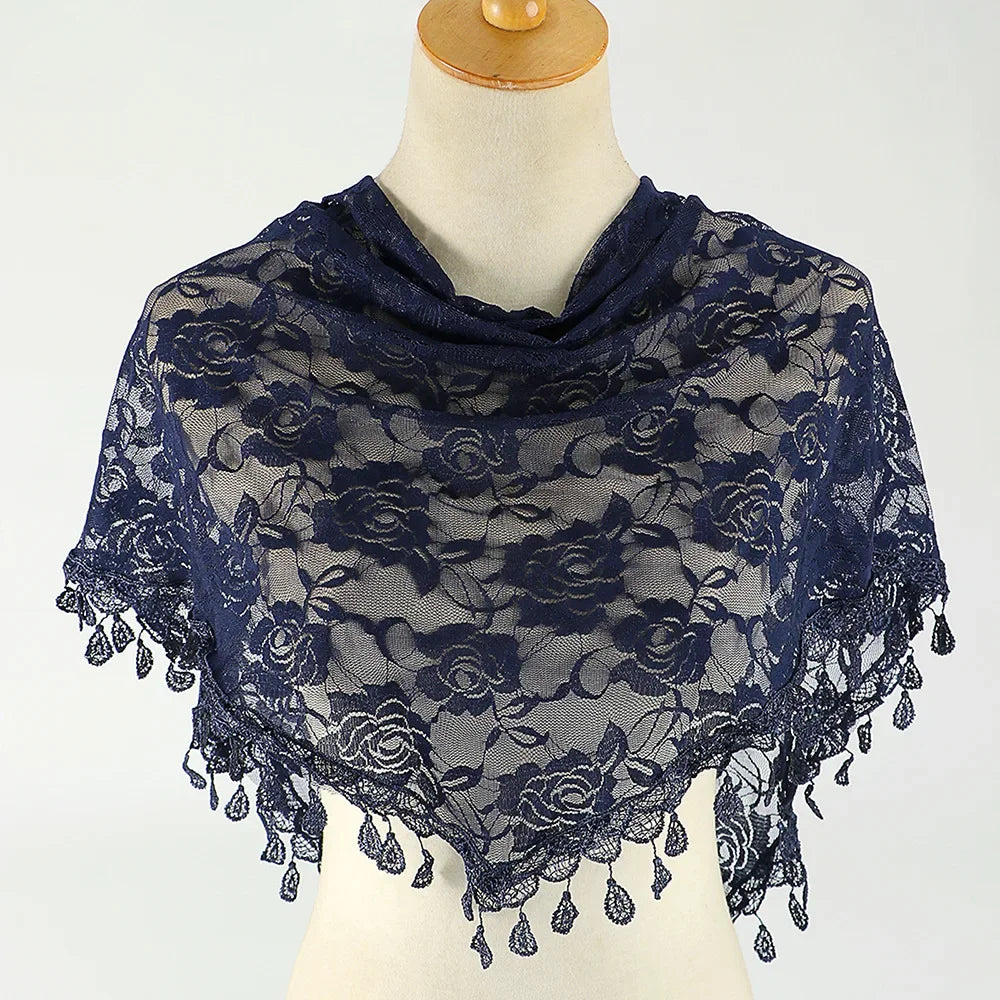 Fashion Women Triangle Wrap Fringed Shawls Head Scarf Tassel Embroidery Lace Scarves Flower Hijab Bandana Prayer Kerchief Church