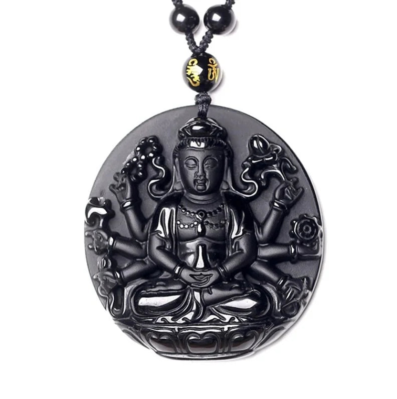 Natural Black Obsidian Money Buddha Pendant Necklace Chinese Hand Carved  Accessories Amulet for Men Women Fashion Jewelry