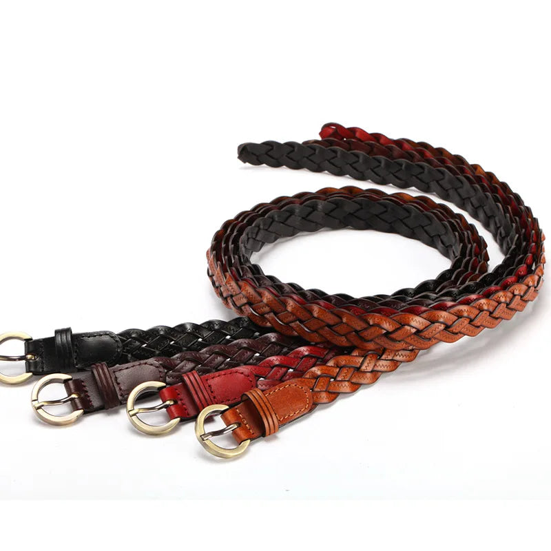 Women Leather Belt Waist Bands with Round Gold Buckle Braided Dress Belt Casual Thin Belt For Student Ladies Clothes Accessories