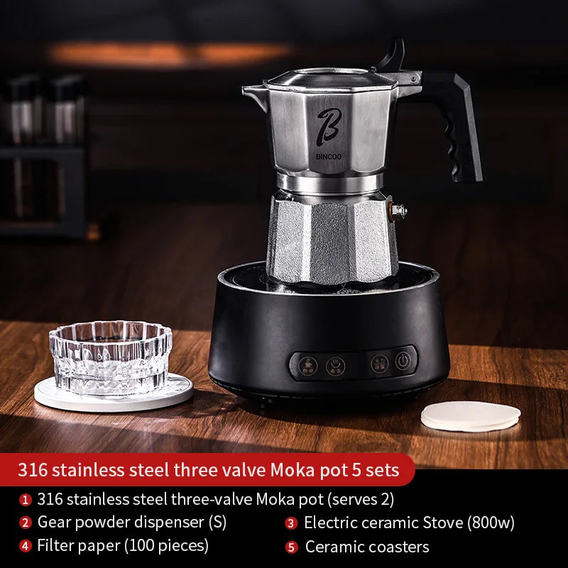Bincoo Three-valve Moka Pot Stainless Steel Electric Pottery Pot Household Italian Espresso Coffee Pot Set Barista Accessories