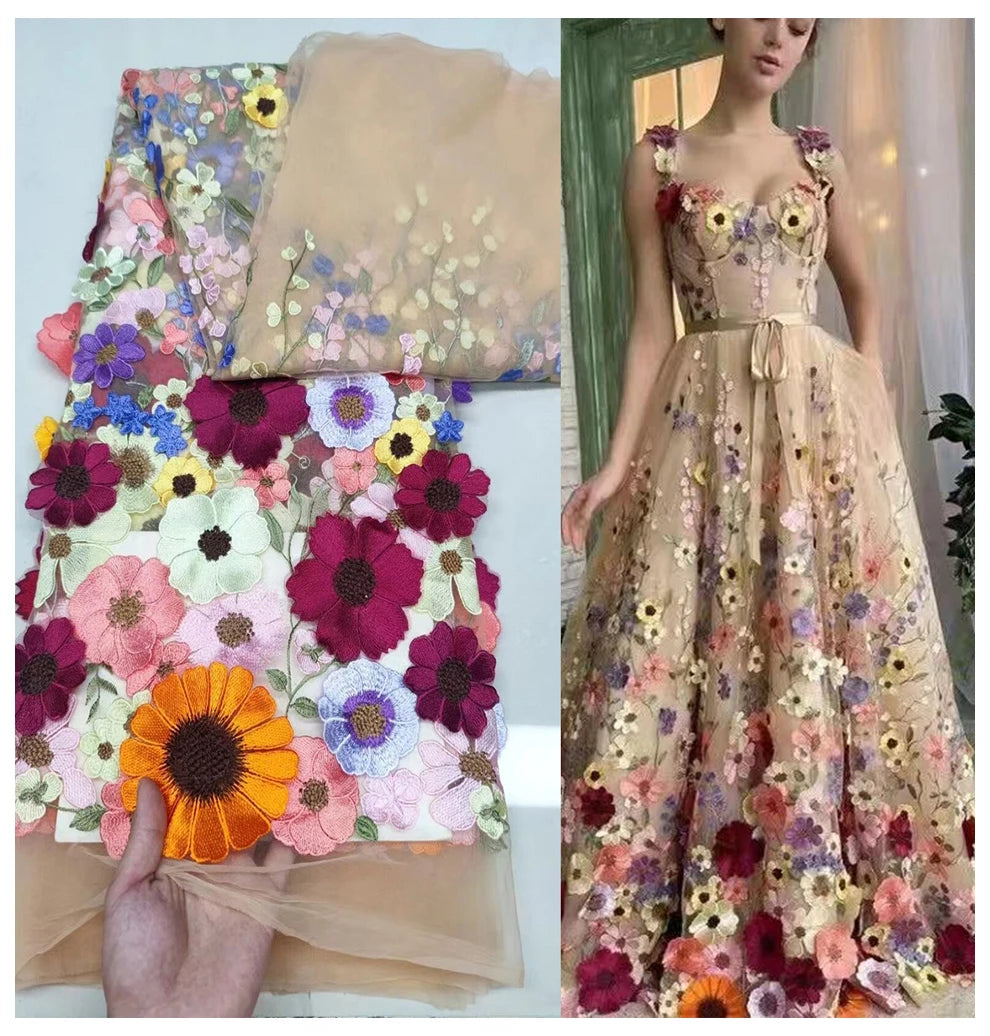 Unilateral embroidered cloth 3D applique embroidered fabric high-end women's dresses wedding dress material