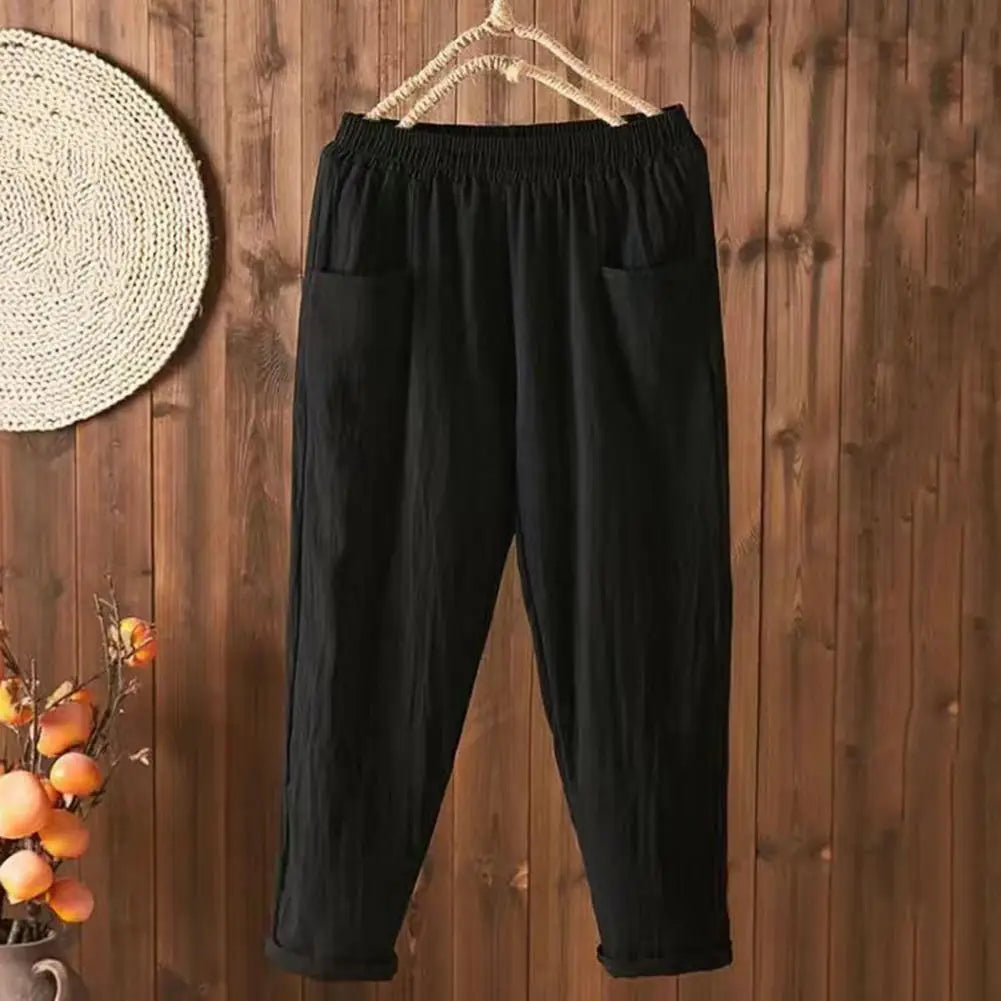 Cotton Linen Women Harem Pants Women Summer Casual Loose Harem Elastic Waist Cotton Linen Pants Ninth Trousers Wide-leg pants