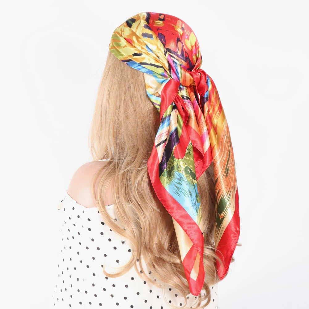 Silk Head Scarf Women Luxury Fashion Hair Scarve Summer Foulard Femme Satin Shawl Kerchief 90cm Square Headscarf Bandana Cheveux