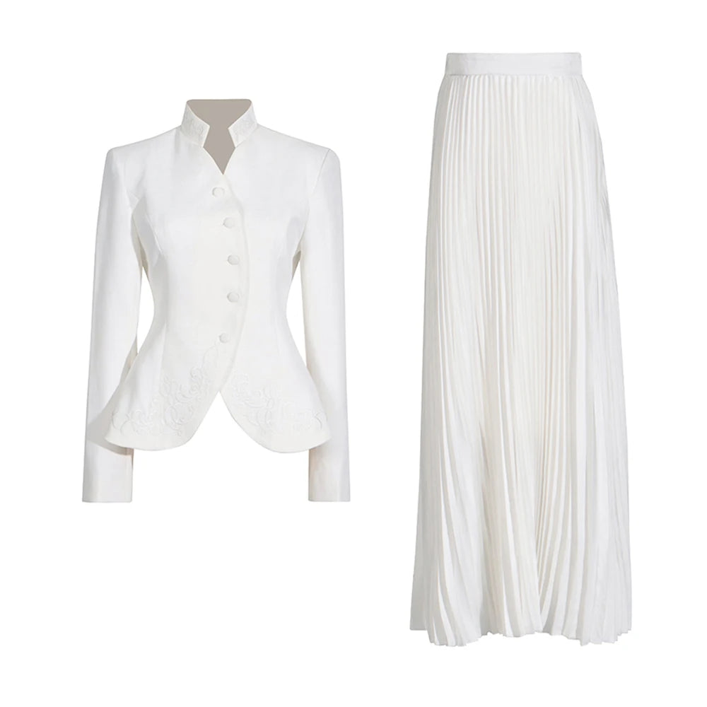 VGH Solid Minimalist Two Piece Set For Women Stand Collar Long Sleeve Spliced Button Tops High Waist Skirt Chic Set Female New