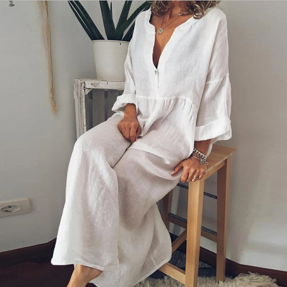 Cotton Linen Long Dress for Women 2024 Summer Sexy Casual Short Sleeve Slim Fit Loose Shirt Dress Beach Female Clothing Vestido