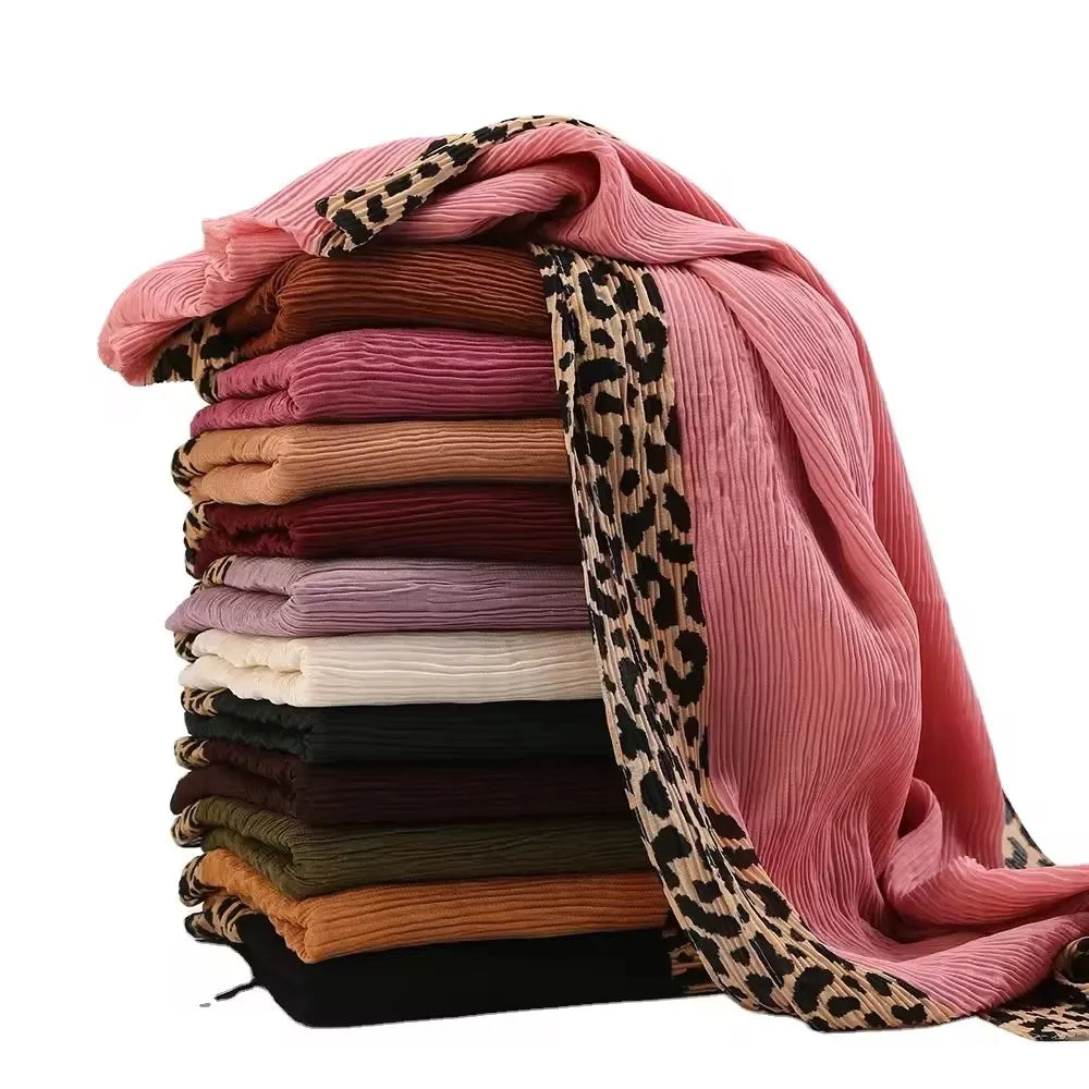 Hot Leopard Print Wrinkles Hijab Scarf Polyester Muslim Woman Hijab Shawls Lady Soft Long Wraps Femme Elegant Bandana Turban