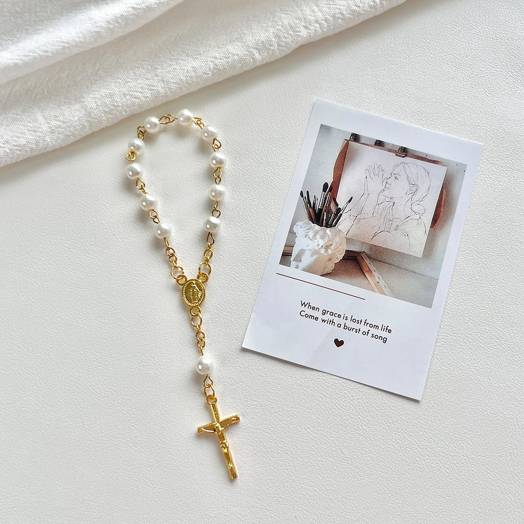 1Pcs Baby 6/8mm Glass Pearl Rosary Bracelet Eucharist Gift Cross Finger Chain Religion Mini Rosary Bracelet Pray