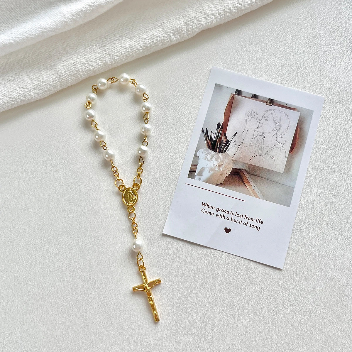 1Pcs Baby 6/8mm Glass Pearl Rosary Bracelet Eucharist Gift Cross Finger Chain Religion Mini Rosary Bracelet Pray