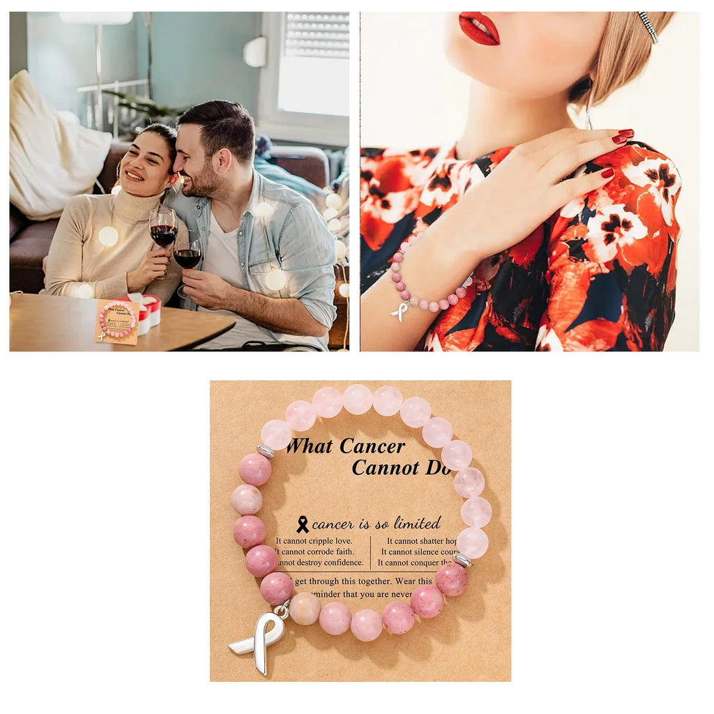 Natural Stone Bead Bracelets Ribbon Charm Inspirational Breast Cancer Awareness Bangle Gifts Encouragement For Women Jewelry