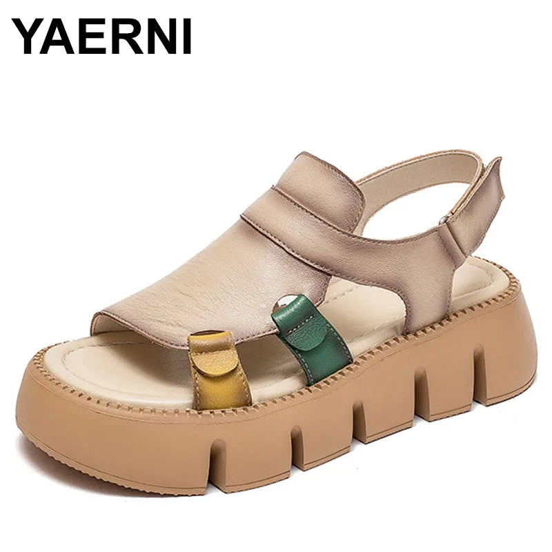 Women's Sandals  Summer Genuine Leather Thick Sole Ladies Sandals Summer Shoes Women Retro Style Handmade Shoes