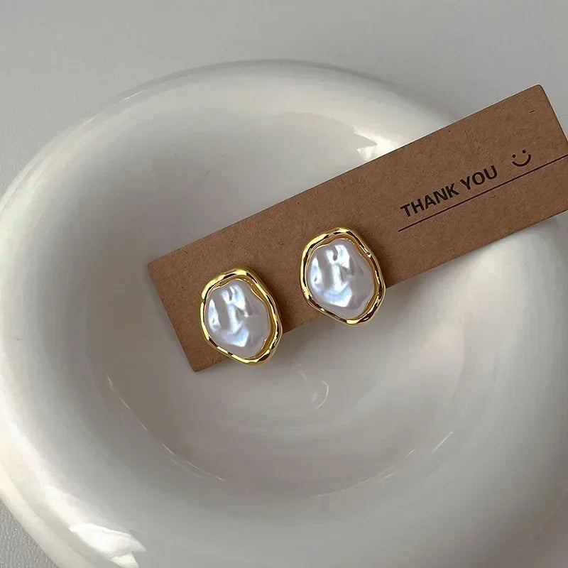 Fashion Geometric Irregular Round Metal Pearl Earrings for Women 2024 Minimalist Style Personality Earrings Trendy Jewelry Gift